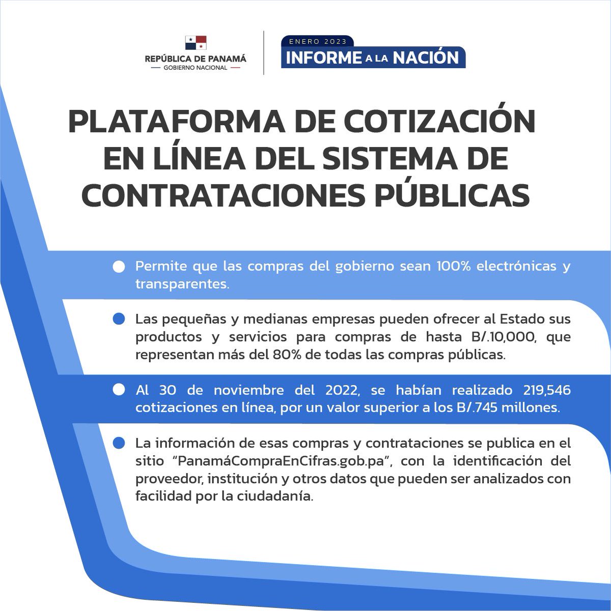 Quiero destacar que nuestro gobierno ha desarrollado nuevas herramientas y procesos para hacer transparente el manejo de las compras y contrataciones públicas, haciéndolas accesibles al escrutinio de la ciudadanía. #PanamáSigueCreciendo 🇵🇦