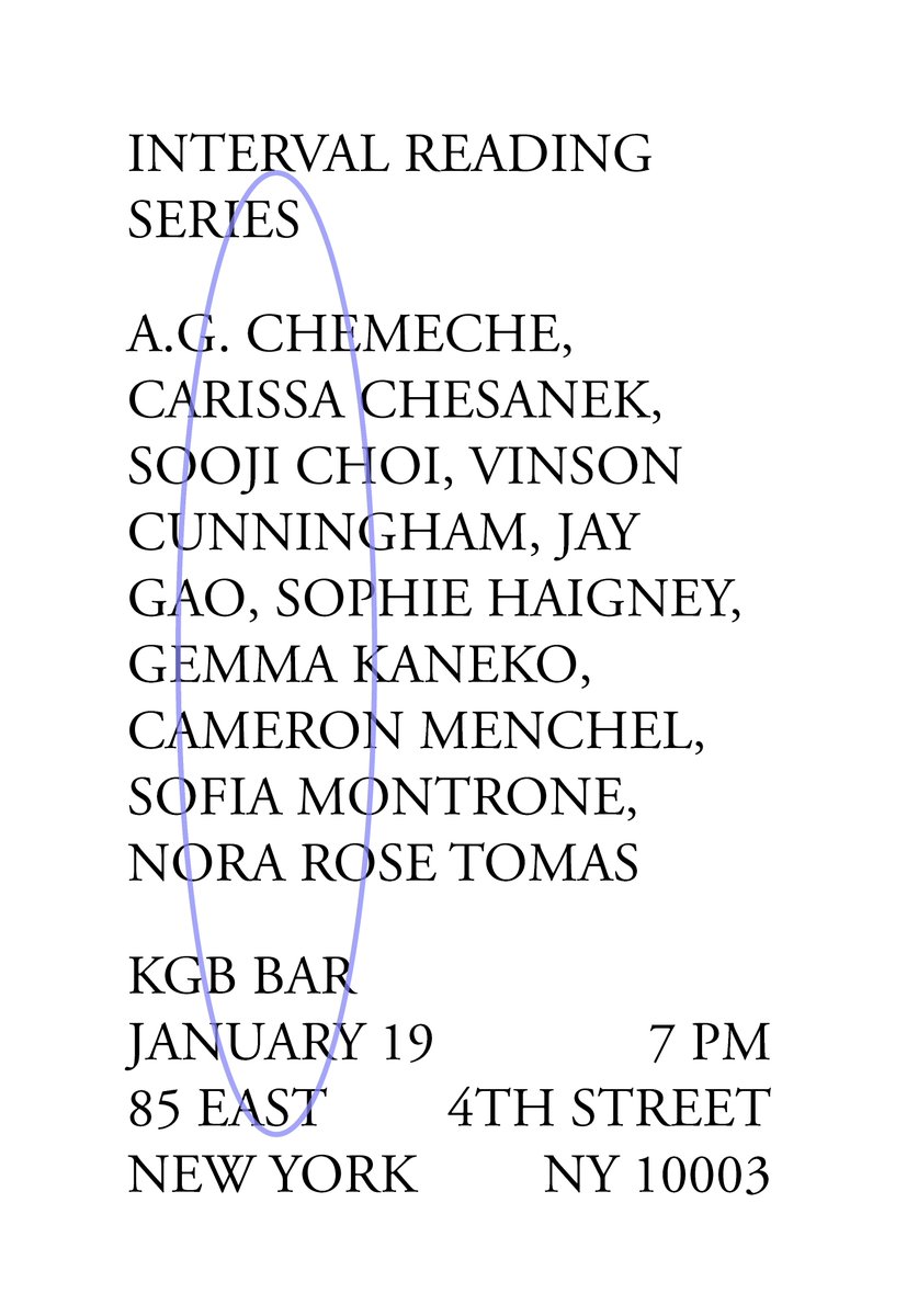 rob_rubsam's tweet photo. At long last! 

The Interval Reading Series will return to @kgbbarlitmag on 1/19, with an absolutely stacked lineup: @vcunningham, @SophieHaigney, @GemmaKaneko, @CameronMenchel, @Jay_Gao_, @Chesanek, @AChemeche, and more.

Doors at 7, Reading at 7:30. Free! https://t.co/Kt0Kv6tZpX