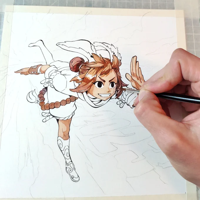 Process :digital sketch, print and inking on watercolor paper with a light box, watercolor painting 