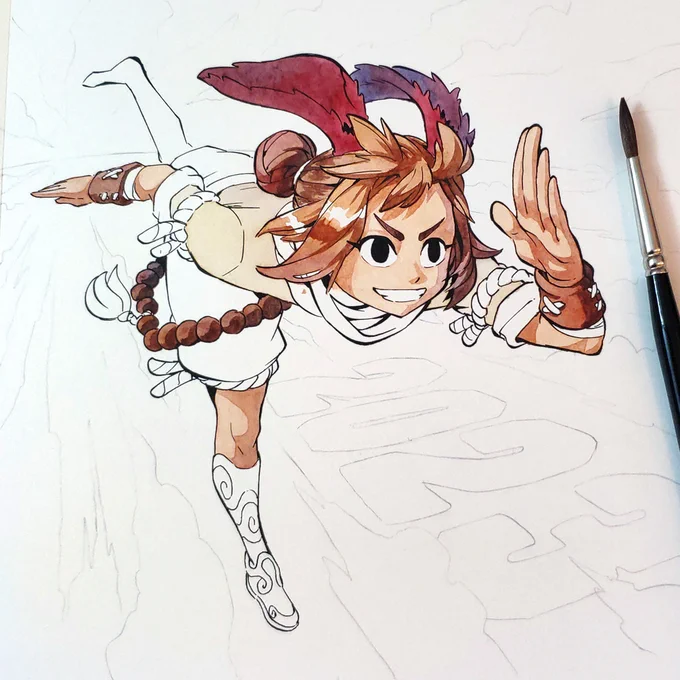 Process :digital sketch, print and inking on watercolor paper with a light box, watercolor painting 
