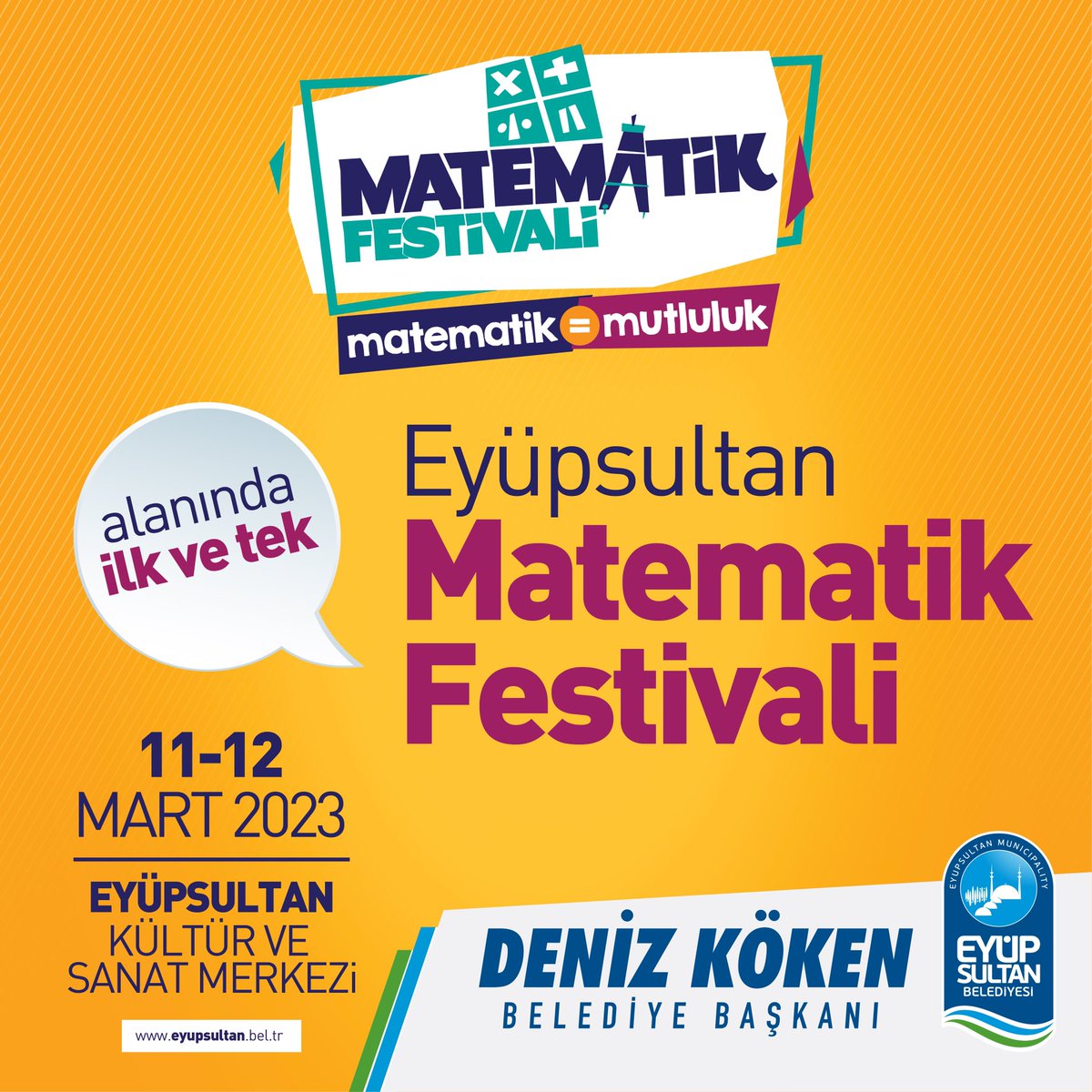 EYÜPSULTAN MATEMATİK FESTİVALİ için hazır ve heyecanlıyız ♾

Bu festival kaçmaz, takviminize şimdiden ekleyin ☺️

🗓 11-12 Mart 2023
📍 Eyüpsultan Kültür ve Sanat Merkezi