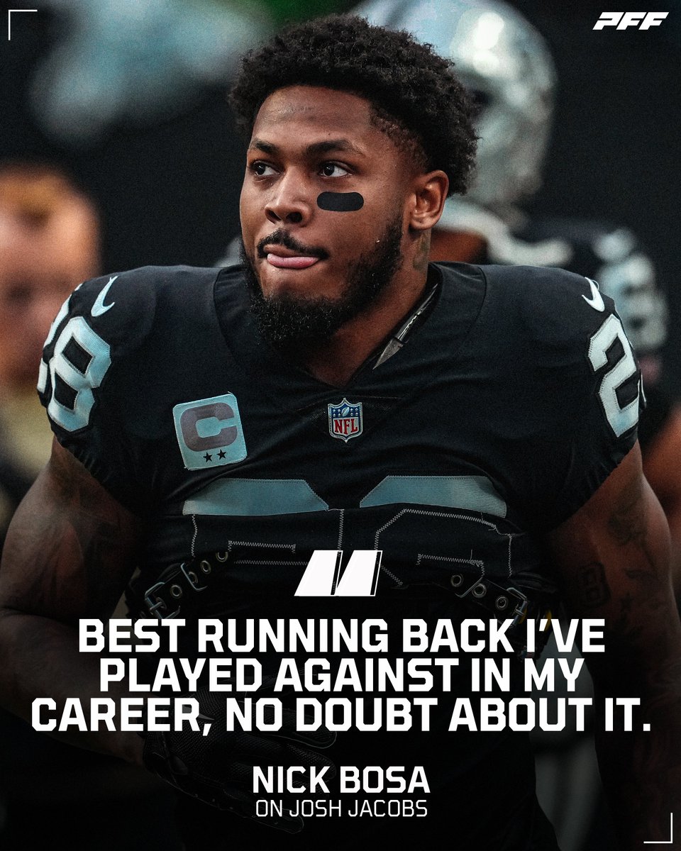 PFF's tweet photo. Nick Bosa with some strong praise for Josh Jacobs https://t.co/r3tz5D5SmN