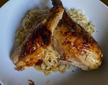 gil49504445's tweet photo. Honey soy roasted guinea fowl with super noodles! Lining stomach for tonight’s festive kick off 🤩 https://t.co/WPFaJAiEQ0