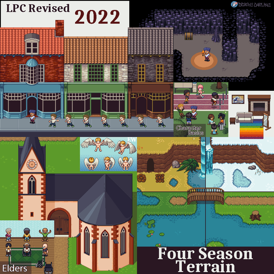 DeathsDarling's tweet photo. Here's some (but not all) of the work I've done for LPC Revised in 2022! Much more to come!
For those who aren't familiar: LPC Revised is CC-by-- free to use, even for commercial games! 
#gameart #assets https://t.co/JZMJkdpmM9