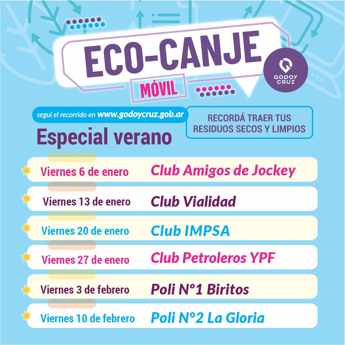 MuniGodoyCruz's tweet photo. Con #Ecocanje podrás cambiar tus residuos secos por carga en tu tarjeta SUBE 🚌
Este mes podes acercarte al Polo Ambiental o encontrarlo junto al recorrido del #PlanHogar 🏘️
👉🏻 Los viernes recorremos las escuelas de verano!
#GCSustentable #GCCreceConVos https://t.co/Z12ABBs67z
