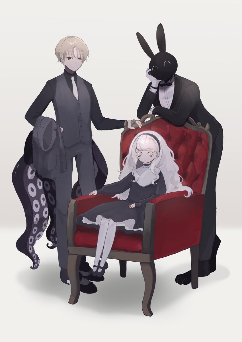 1girl dress necktie sitting white hair shirt chair  illustration images