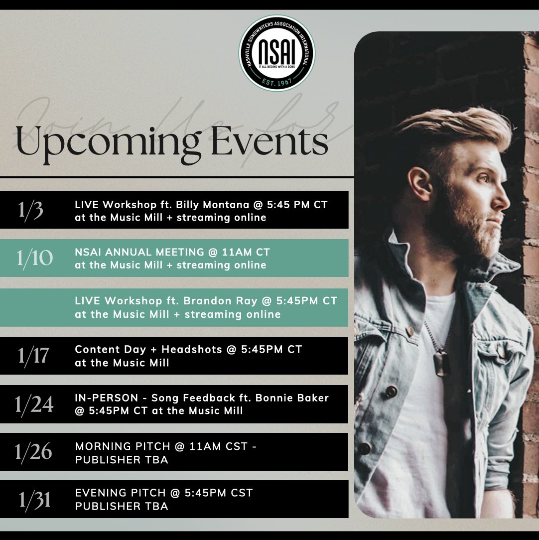 NSAIofficial's tweet photo. Alright, songwriters! Now that we've made it through the holidays, it's time to dive in! Here's what we've got coming up for you this month! ✨ #ItAllBeginsWithASong 

LEARN ABOUT MEMBERSHIP: https://t.co/glpZC9gdo5 ✨ https://t.co/5QVxEr8v4Y
