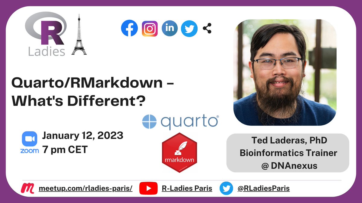 We are excited to be hosting Ted Laderas, who will give a presentation about how is #Quarto different from #RMarkdown? 

Everyone is welcome to join us! Don't miss out this opportunity!

For registration, please follow this link🔗meetup.com/rladies-paris/…

#rstats #quartopub