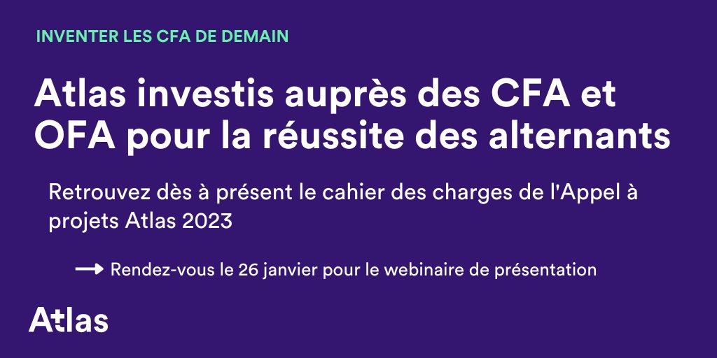 📣 #CFA et #OAF porteur de projets innovants : Accédez dès aujourd’hui le cahier des charges du 5ème appel à projet d’Atlas 📝
Nous vous donnons toutes les infos lors du webinaire du 2️⃣6️⃣ janvier
⏰ Fin des dépôts des candidatures : 3 mars, 12h

bit.ly/3jE0zlz
