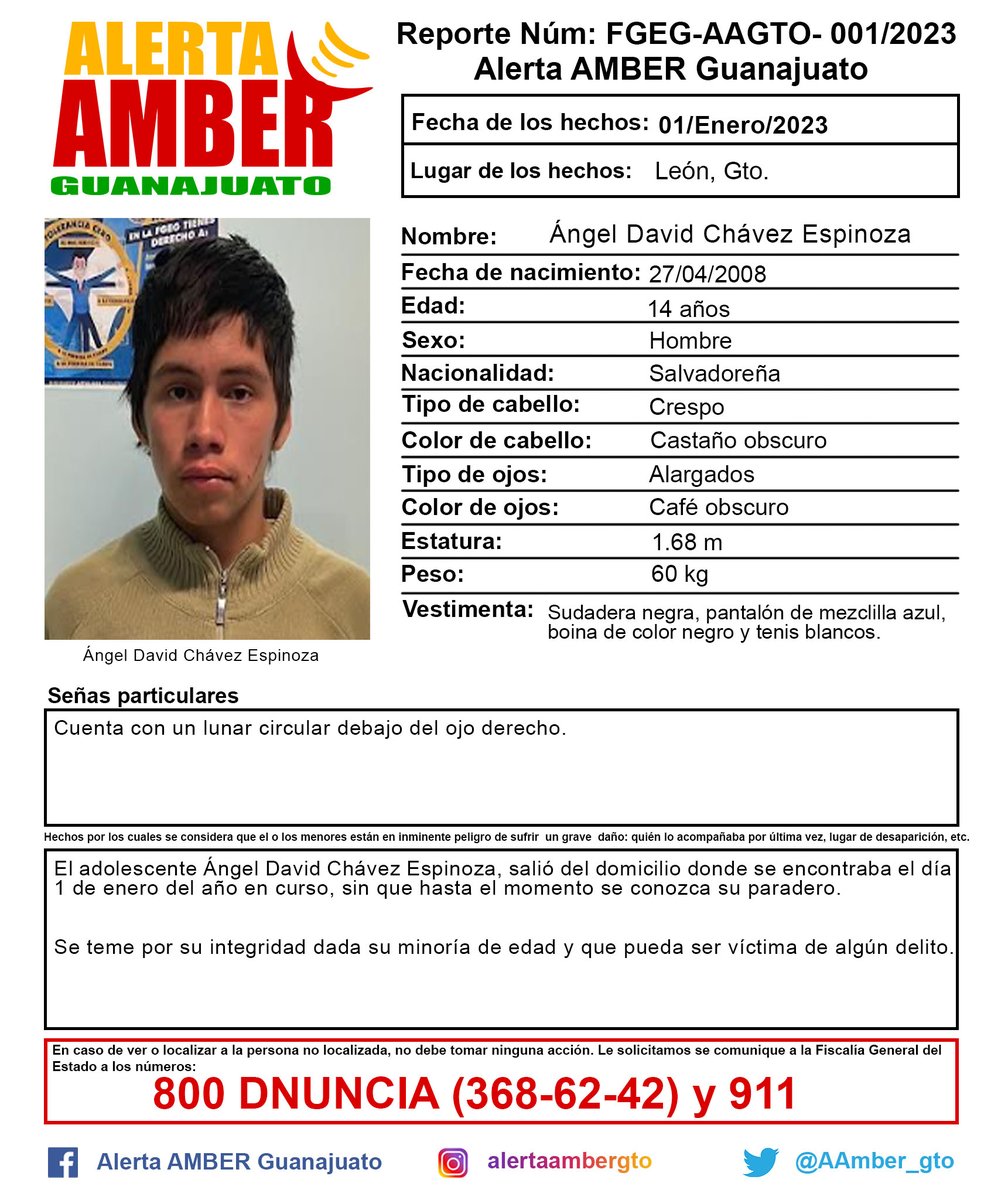 Activación de la Alerta AMBER Guanajuato del adolescente Ángel David Chávez Espinoza de 14 años de edad, León, Gto. ¡Ayúdanos a localizarlo!