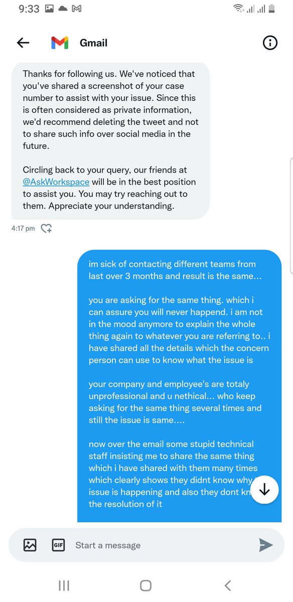 cAsHiF2106's tweet photo. @AskWorkspace so they dont even bothered to reply back 😂 pathetic support of @gmail @Google staff and pathetic support https://t.co/f2gLtoDYFP
