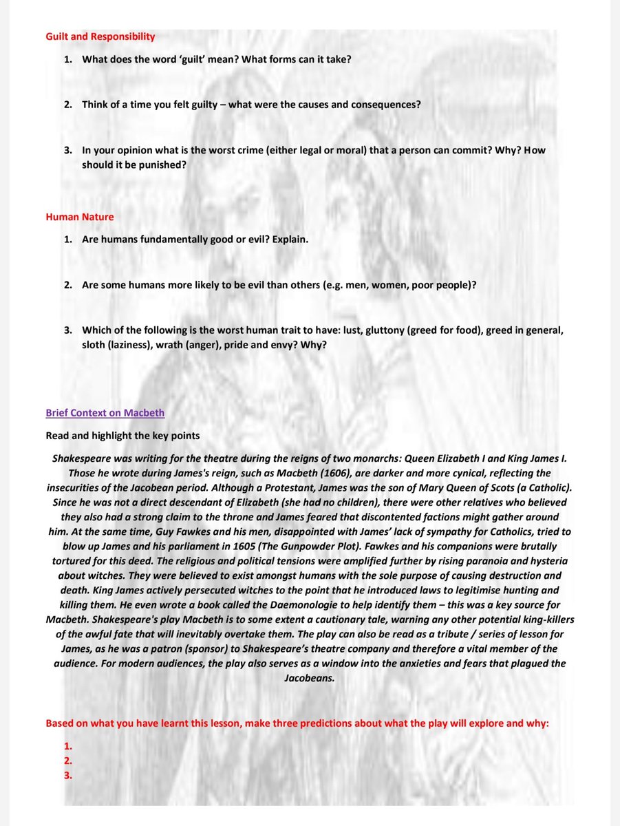 FaridaMili's tweet image. Teaching MACBETH to Y10 this term. Aim is to develop perceptive thinking. I'll be reusing tried and tested resources and creating new ones. They'll be added here: litwiteacher.wordpress.com/macbeth-resour…
Already present are links to past blogs and these pre-reading questions:
@Team_English1