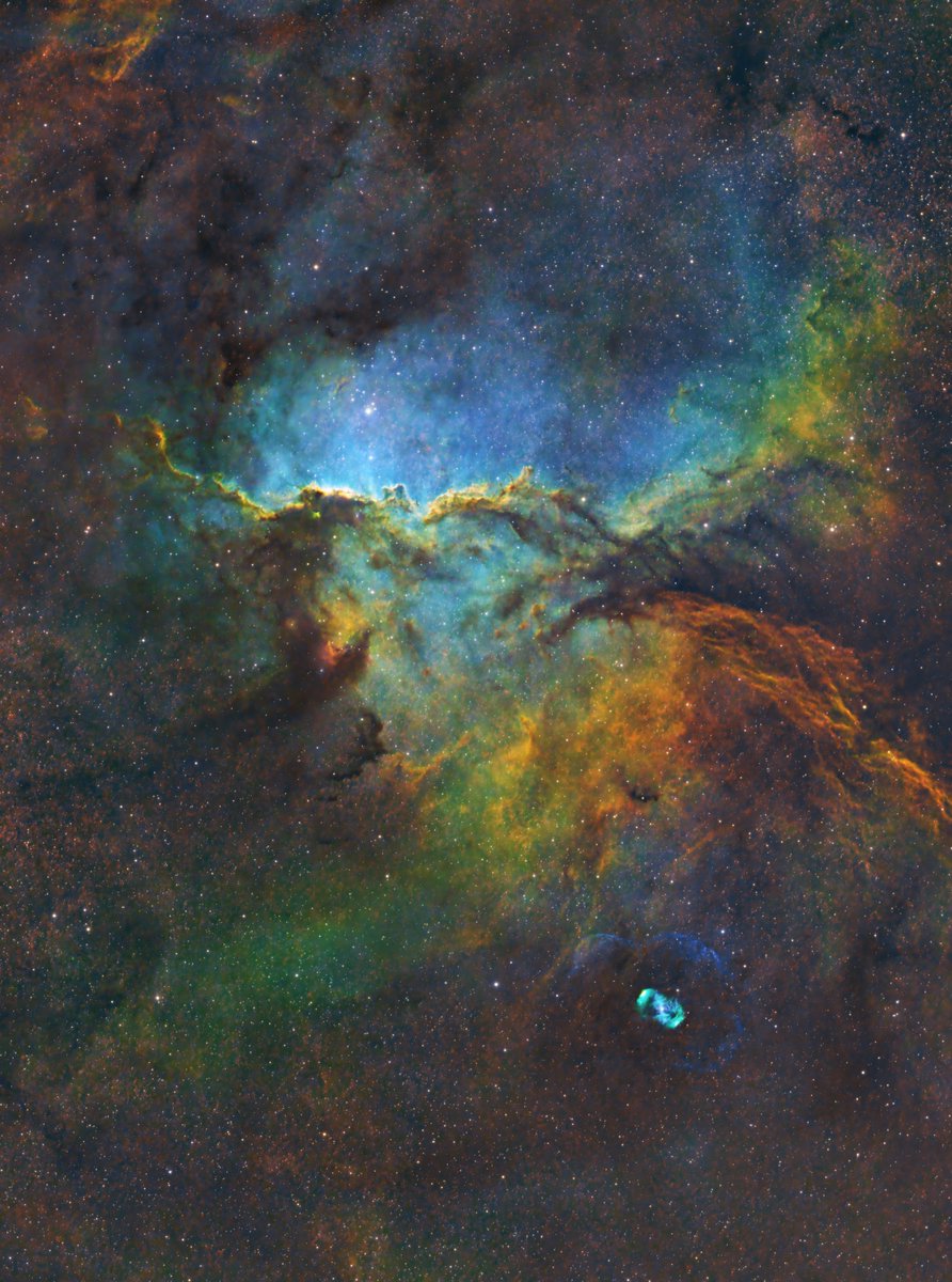 Redo of @iTelescope_Net SHO data I took of NGC 6188 at center (the Fighting Dragons of Ara) and lower right is NGC6164, a bipolar emission nebula. A splash of BXT (get it here bit.ly/3FXxCtz) and SHO normalization, processed in PixInsight. 3 hours total data.