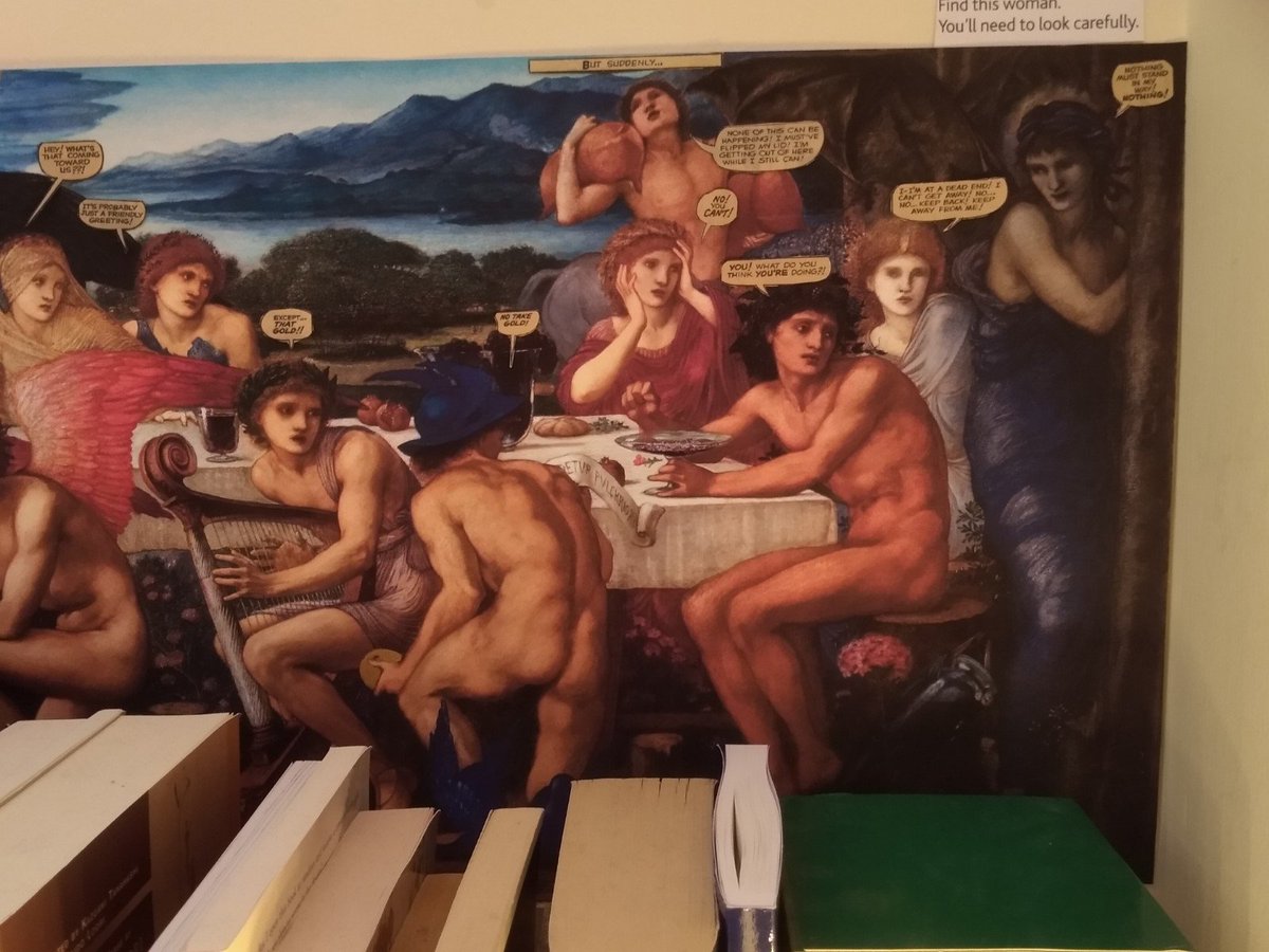 New altar frieze! A print of Edward Burne-Jones's 'The Feast of Peleus', my favourite pre-Discordian image of Eris. I painted the Apple gold and added some living collagey speechbubbles (they're bluetacked on so I can always move/replace them)