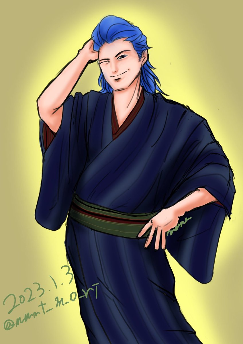 1boy solo male focus blue hair dated one eye closed japanese clothes  illustration images