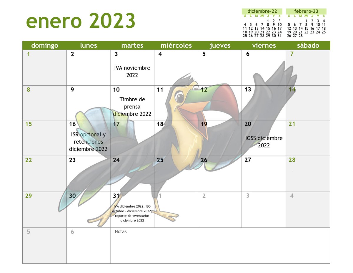 ¡Buenos días!  Les compartimos calendario del mes con las principales fechas de cumplimiento tributario. Todas las declaraciones y reportes se pueden enviar desde hoy, la fecha marcada es la última para hacerlo sin multas.