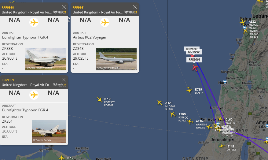 2x RAF Eurofighters, 1x KC2 refueller spotted over Jordan,

#iraq #syria 

🇬🇧 ZK351 FGR.4 #43C70D
🇬🇧 ZK338 FGR.4  #43C749
🇬🇧 ZZ343 KC2 #43C700