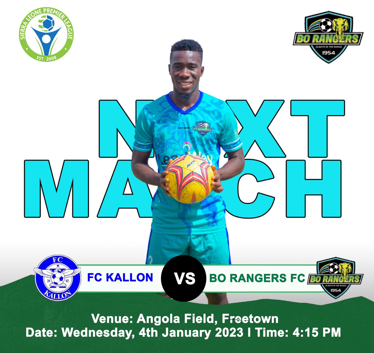 Our Next Match 
FC Kallon Vs Bo Rangers FC 
Wednesday, 4th January, 2023 
Angola Field, Freetown 
#borangersfc #alwaysintherange #TheElephants #champions