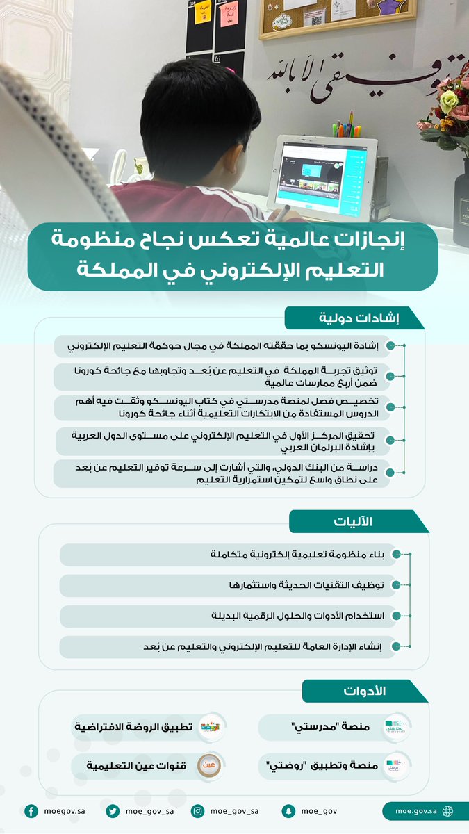 moe_gov_sa's tweet photo. امتدادًا للإشادات الدولية التي حظي بها النموذج السعودي للتعليم عن بُعد والتعليم الإلكتروني..
منظمة الأمم المتحدة للتربية والعلم والثقافة #اليونسكو تُشيد بما حققته المملكة في مج��ل حوكمة التعليم الإلكتروني.
https://t.co/W1hkb6nPZu https://t.co/Gv3SKVzu09