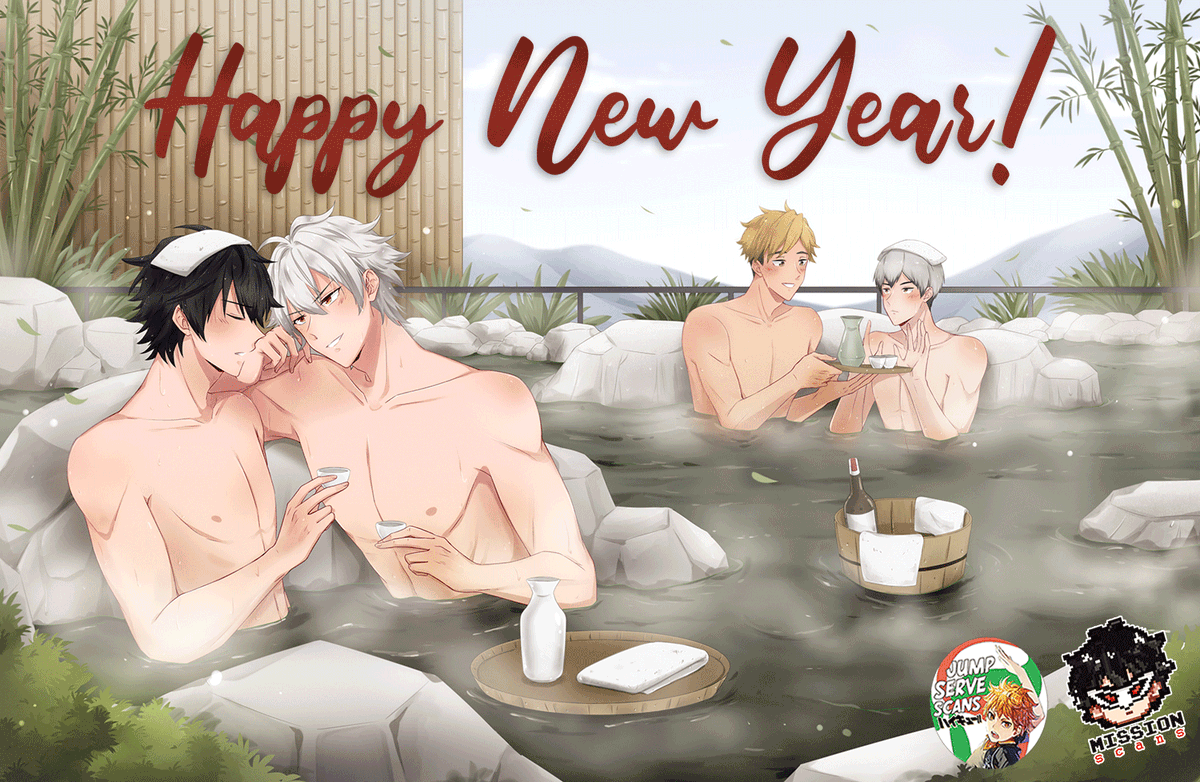 JumpServeScans's tweet photo. Happy belated New Year! We hope 2023 is going well! We've commissioned this gorgeous onsen art from @ghostly_0910, and we've uploaded a ShuAke and a BokuAka - we hope you enjoy them <3 https://t.co/h4UmzrbGZY