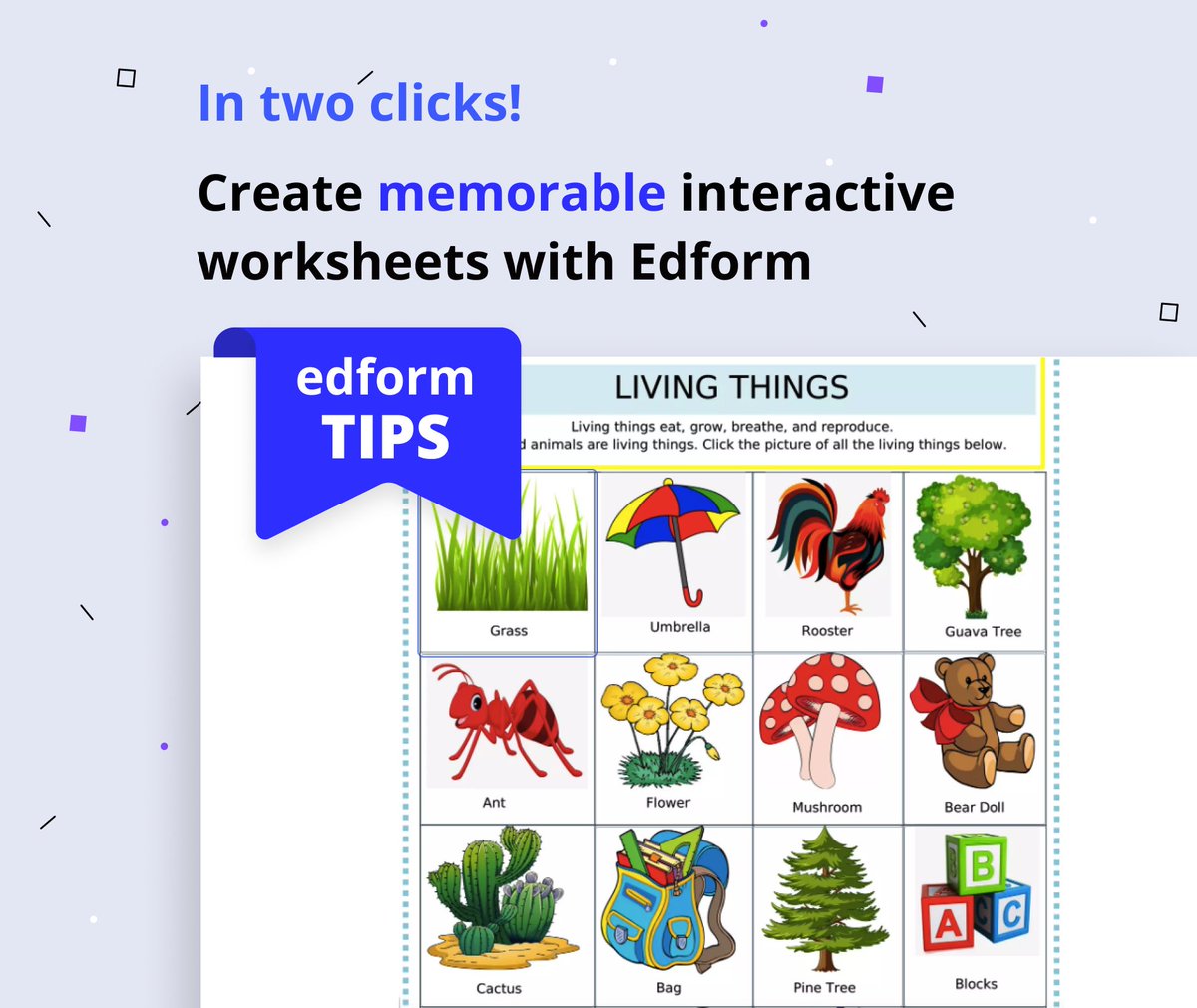 edform_com's tweet photo. 💯It’s better to see once than to read twice! 
🧑‍🎓A good idea for creating #interactiveworksheets with pictures is to use the #Hotspot button in #Edform toolbar. 
💡To choose the correct answer, students will just have to click on the chosen icon.
#edtech #onlineeducation #school https://t.co/2n3ZQV6Bj8