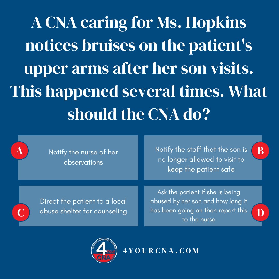 4yourcnaT's tweet photo. Here's your QUESTION OF THE DAY! These series of questions can help you evaluate your knowledge as a CNA. Follow us for more!
Don't forget to follow us for more updates!
#4YourCNA #nursingaide #floridacommunity #cna #cnaproblems #cnalife https://t.co/XD2hBq2SqN