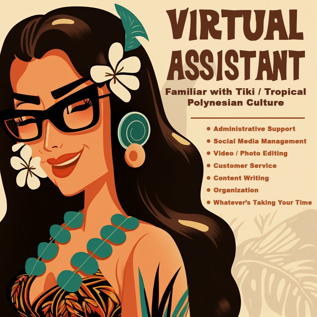 If you're a fan of Tiki and Polynesian pop, I'd be the perfect virtual assistant for you.

I have a deep love and appreciation for all things Tiki, from Hawaiian culture and Tiki mugs to Exotica music and tropical décor.

Contact me today.

vivaldivisions.com

#tiki