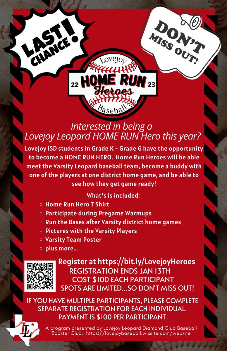 📣 DON'T MISS OUT!!! 📣 Have you signed up your K-6 Lovejoy student for Home Run Heroes yet?  More info at bit.ly/LovejoyHeroes. Spots are limited!!! SIGN UP BY JAN 13th!!! <a href="/LovejoyBaseball/">Lovejoy High School Baseball</a>