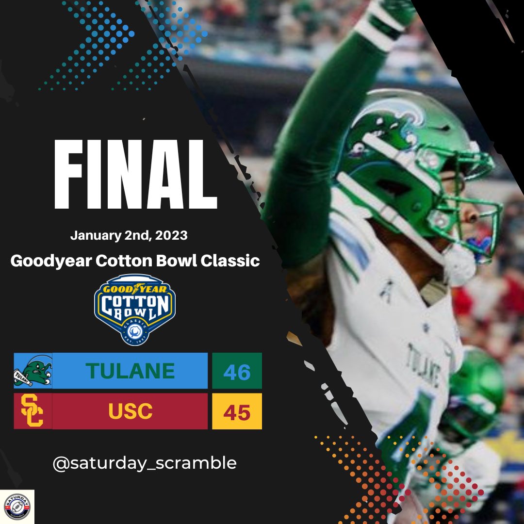 sat_scramble's tweet photo. USPET!!! The #GreenWave have upset the USC Trojans in the #GoodyearCottonBowl! What a year for #Tulane! https://t.co/P2c8xjiucF
