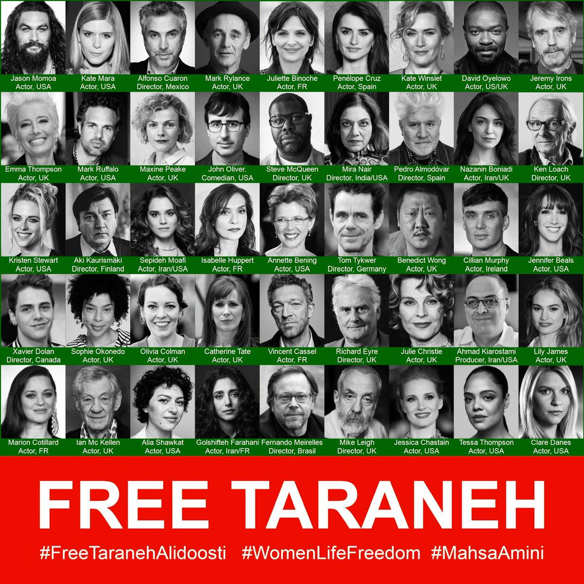 Omid_M's tweet photo. Powerful. Over 600 artists worldwide have signed an open letter calling for the release of award-winning actor &amp; writer #TaranehAlidoosti: “We demand her freedom. Join us. Petition link below.”#MahsaAmini #FreeTaranehAlidoosti #مهسا_امینی #IranRevoIution 
https://t.co/4885pHyId8 https://t.co/xSwujZXWAU