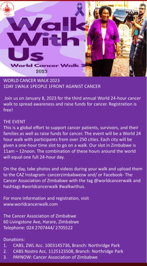 The Cancer Association of Zimbabwe is now a partner of #worldcancerwalk2023. This year's world cancer walk will be held on the 8th of January. #worldcancerwalk
