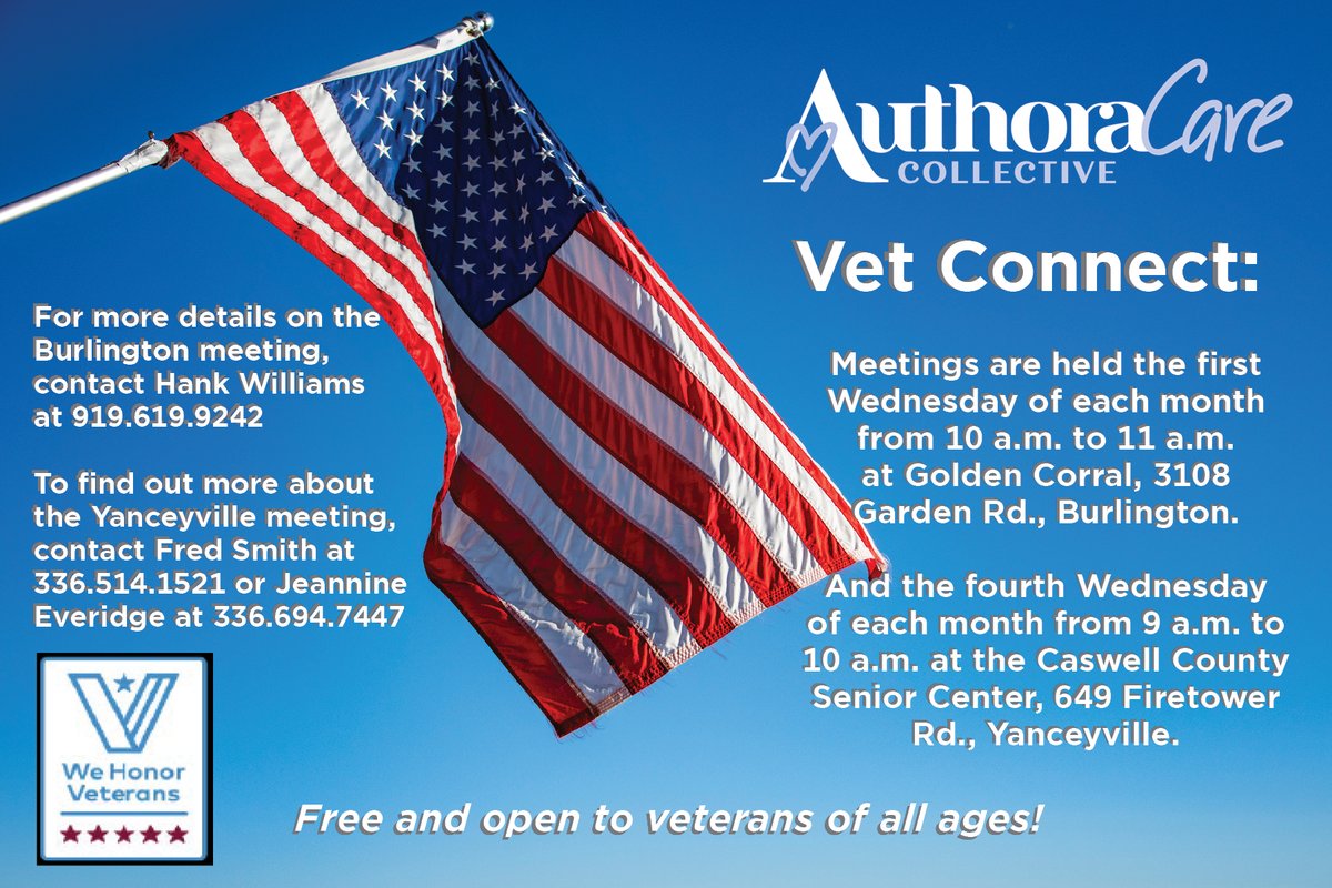 AuthoraCare's tweet photo. @AuthoraCare's #VetConnect meetings are held the first and fourth Wednesdays of each month. To find out more information on the Burlington meeting, call 919.619.9242. For more on the Yanceyville meeting, call 336.514.1521 or 336.694.7447. https://t.co/VZDxwR3wMj