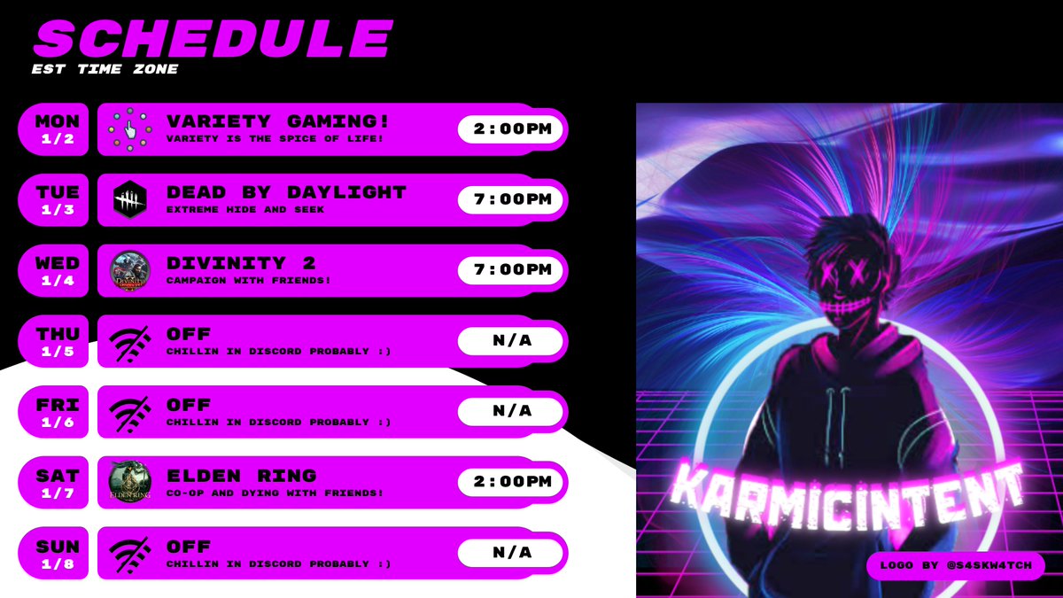 Kryp92's tweet image. This week's schedule! Lot's more Karmic in your life going into 2023! See you in about an hour for some games and good vibes! #TNET #twitch #streamer 
twitch.tv/karmicintent