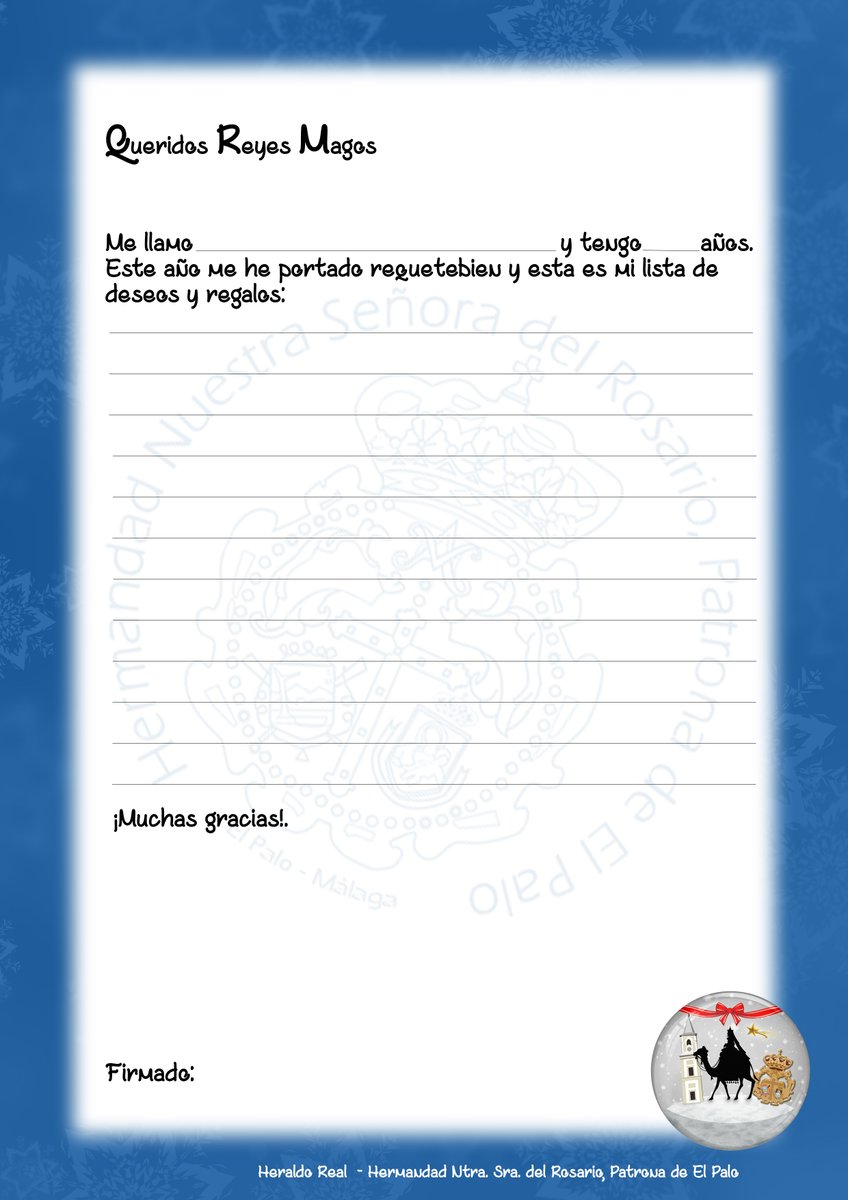👑 ¿Aún no tienes escrita tu carta para S.S.M.M. los Reyes Magos? 

👉 No te preocupes... puedes descargar esta y rellenarla o escribirla mañana junto a la jaima del Heraldo Real a partir de las 18:00 en la plaza delante de la Iglesia de las Angustias.

#CofradiasMLG