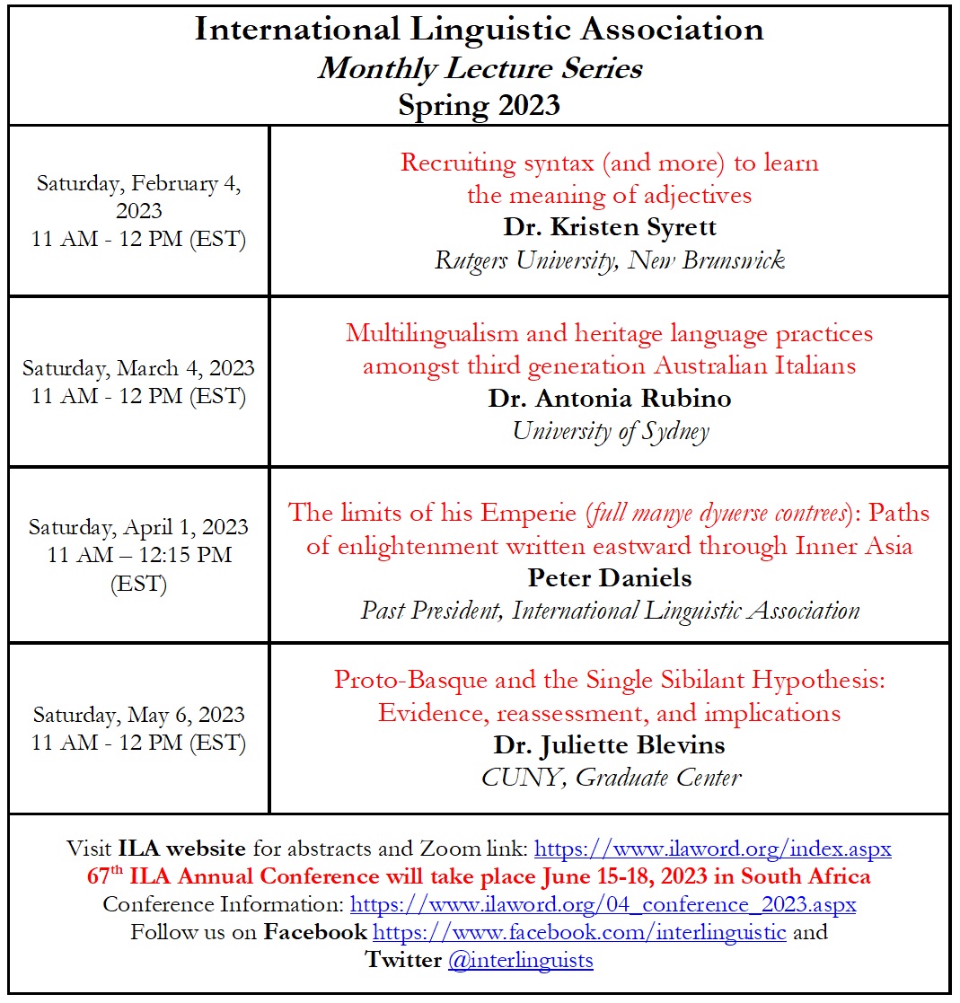 interlinguists's tweet photo. UPCOMING MONTHLY LECTURES: SPRING 2023
Visit ILA website for abstracts and Zoom links: https://t.co/GZexChcKFW

67th ILA Annual Conference: June 15-18, 2023 in South Africa
Conference Information: https://t.co/Zhett7OZrz

Follow us on Facebook https://t.co/hmZBQRagPt and Twitter https://t.co/ZfQMsU2qix