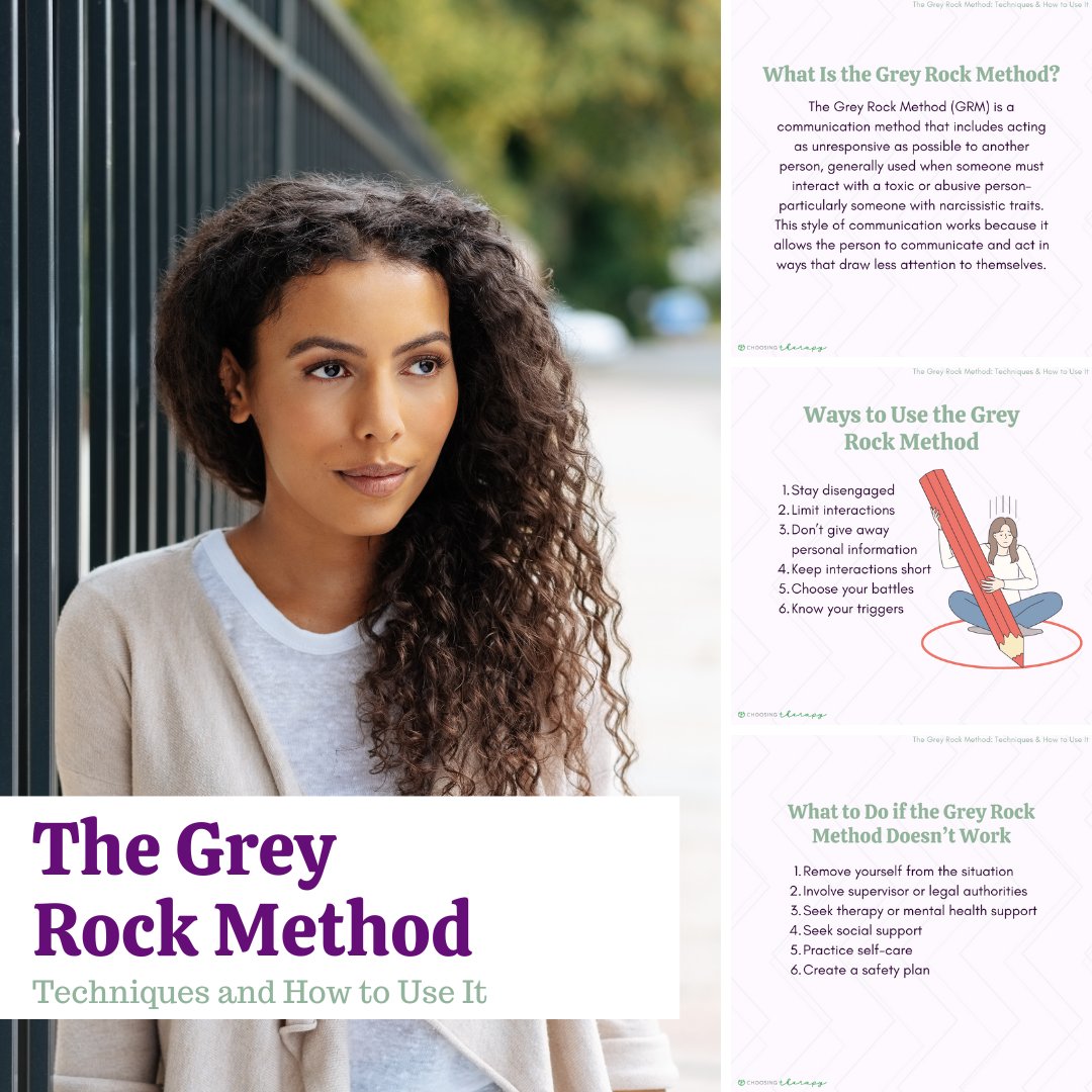 ChooseTherapy's tweet photo. The Grey Rock Method is a metaphor for a style of communication and behavior used when you are trying to protect yourself from a toxic person: https://t.co/vKcDAqiXwZ
#GreyRockMethod #MentalHealthTip #Boundaries https://t.co/DJY4n6NMEK