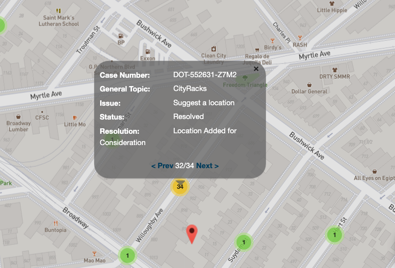 chrisbup's tweet photo. I've filed 34 #CityRack requests for my block over the past year, all marked as resolved and added for consideration, but nothing done. Is there anything more I can do? Any way to speed up process? @nyc311 @NYC_DOT @JenGutierrezNYC @NYCMayor @NYCBikeLanes @bikenewyork #bikenyc https://t.co/qAYIKjvv53