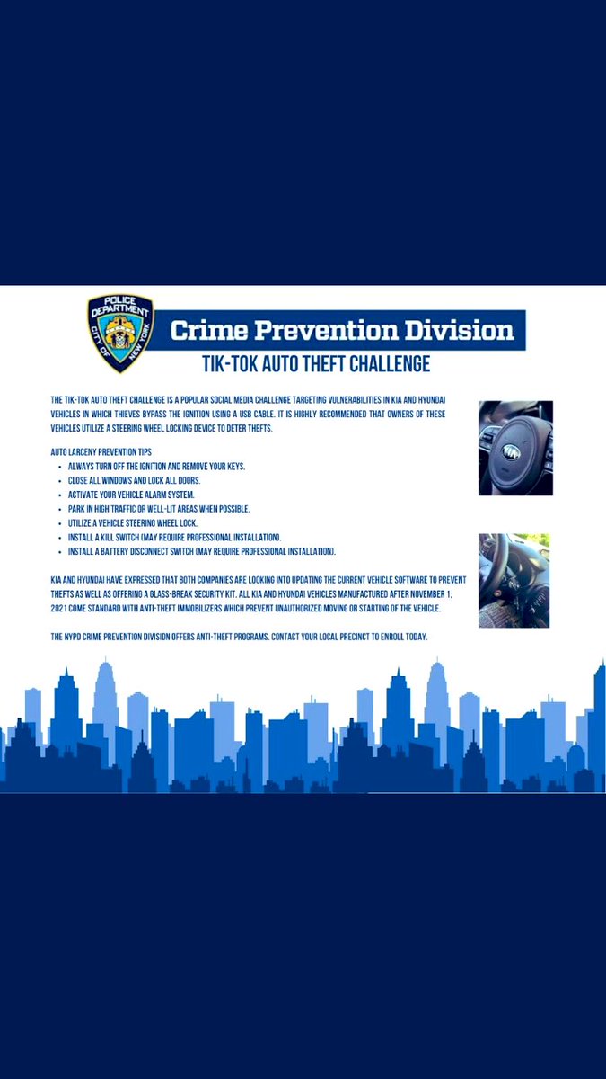 NYPD50Pct's tweet photo. Tips from your Crime Prevention Officer Jamsheer 🚔👮👮‍♂️
A Tik-Tok Challenge that has become popular on social media is targeting certain Kia and Hyundai vehicles for theft. The Crime Prevention Division recommends the following tips to keep your property safe🚔👮👮‍♂️🙏 https://t.co/ZIofZmooEd