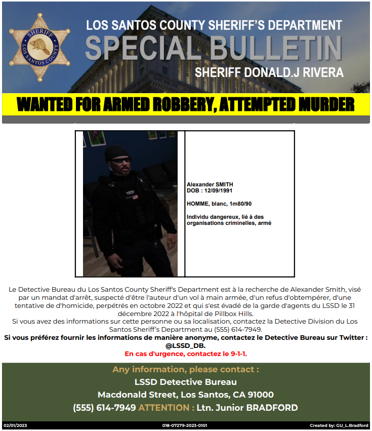 LSSD_DB's tweet photo. #WANTED | Alexander SMITH, travaillant chez Merryweather, est un fugitif activement recherché par le LSSD. Pour tout signalement urgent, contactez le 9-1-1. https://t.co/gw5EjfimI2