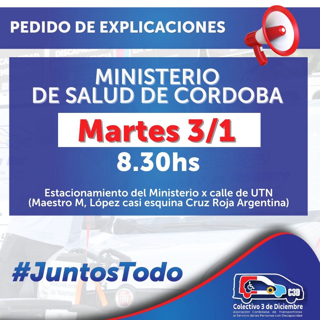 3Colectivo's tweet photo. *PEDIDO DE EXPLICACIONES*
🗓️ ESTE MARTES 3 DE ENERO
⏰ DESDE LAS 8.30hs
📍 NOS ENCONTRAREMOS EN LA PUERTA DEL MINISTERIO DE SALUD 
DE CORDOBA A PEDIR EXPLICACIONES POR NO HABER COBRADO
Estacionamiento del Ministerio x calle de UTN (Maestro M, López 
casi esquina Cruz Roja Arg)
. https://t.co/VI1FWMVH1a