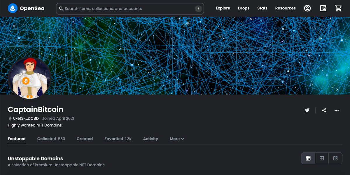 CaptainBitcoin_'s tweet photo. Gm #UDfam 

The NFT marketplace @opensea offers a "Featured Tab" to organize and curate your #NFTs right on your OS profile.
It's ideal for creating and categorizing groups to showcase your #UnstoppableDomains collection.

➡️ https://t.co/rAksu9dRhC

#web3domains @unstoppableweb https://t.co/hTnPUAG0sT