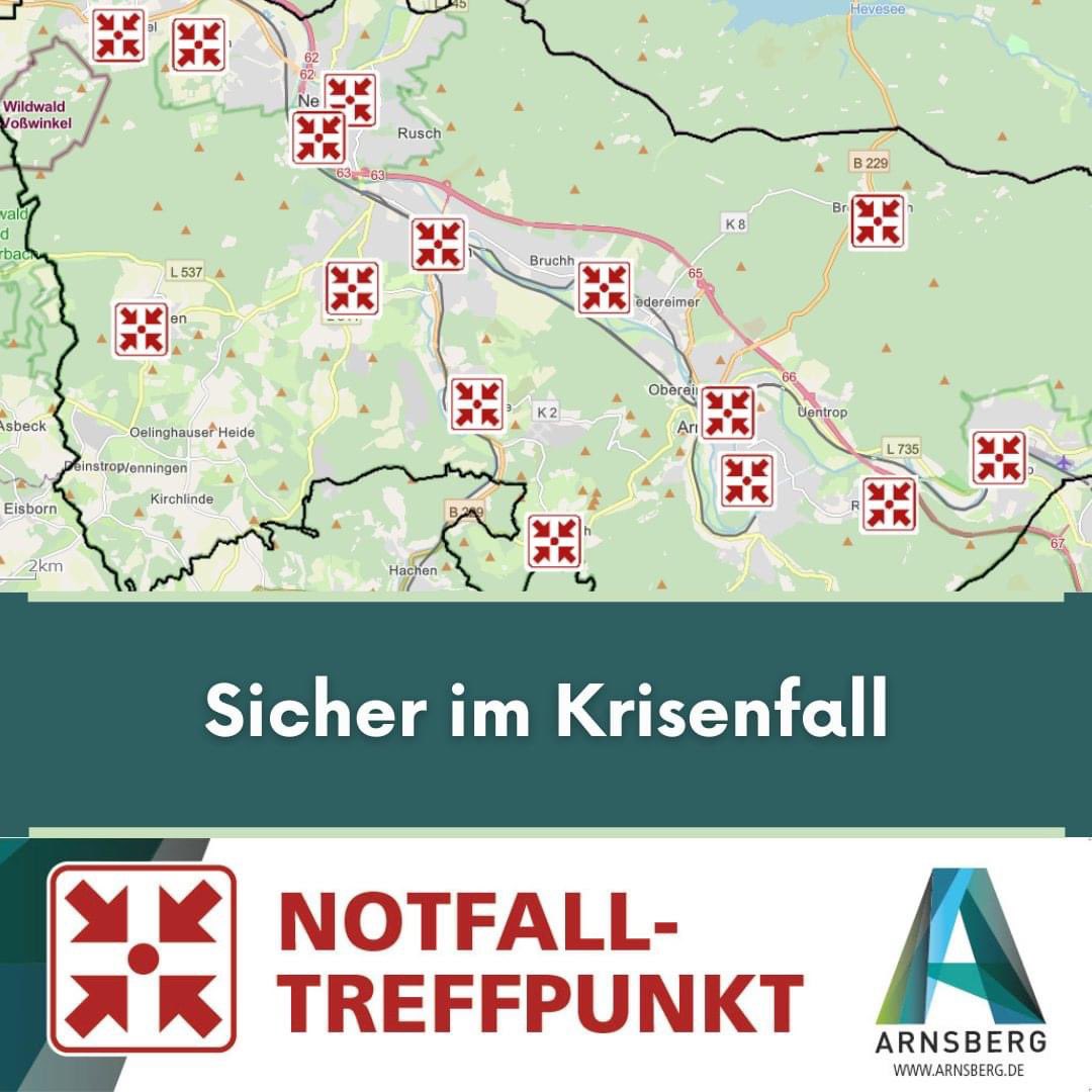 Szenario #blackout #stromausfall 15 Notfalltreffpunkte (NT) in #Arnsberg 👉 Notrufe, EH, Lage 👉 24-Std bis Handy, Festnetz, Internet Versorgung lebenswichtiger Güter wieder läuft 👉 Radius ca 3 KM Karte NT 👉 arnsberg.de/krisenfall #krisen #notfalltreffpunkt #Treffen