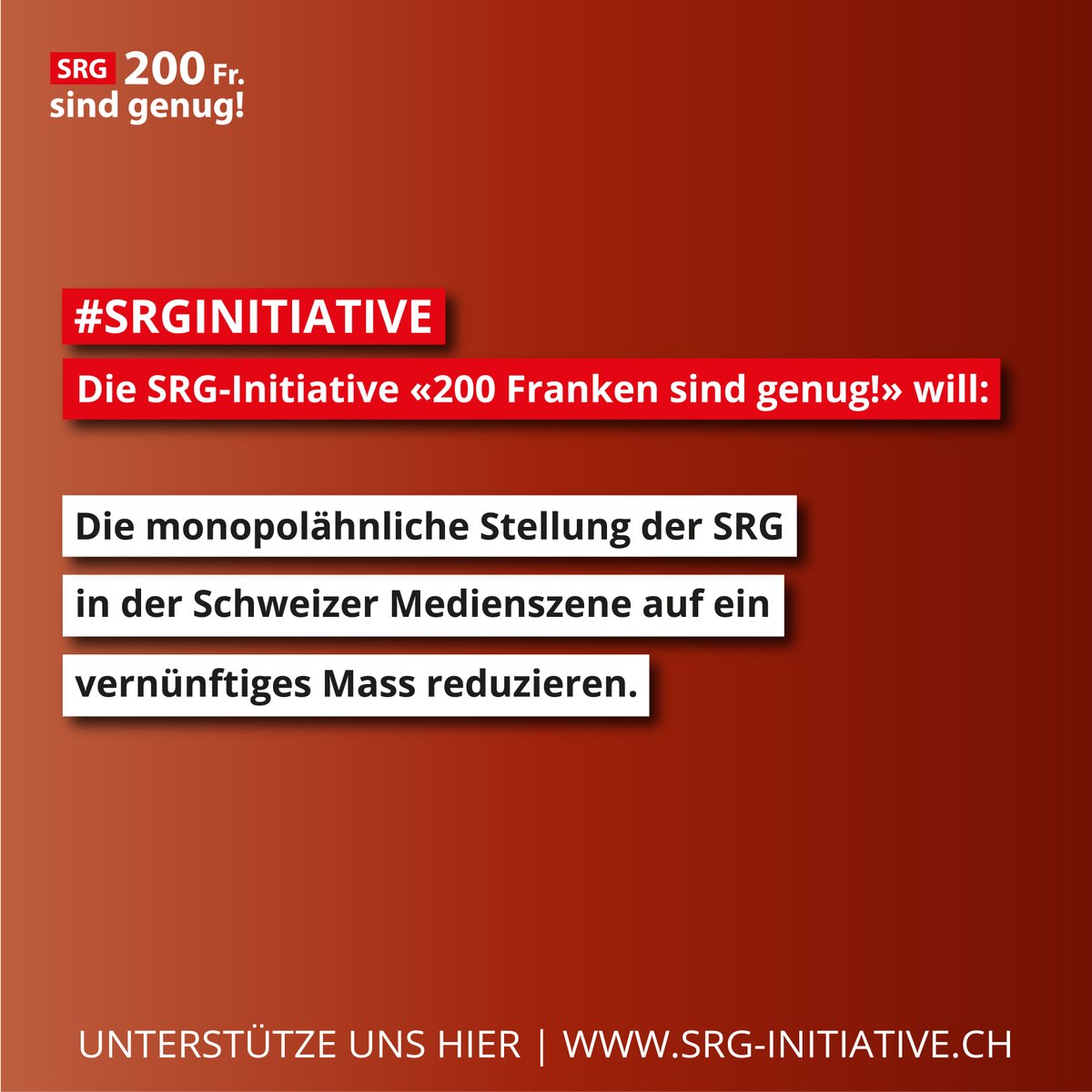 Demokratie benötigt Medienvielfalt. Die SRG-Initiative reduziert die monopolähnliche Stellung des grössten Medienhauses in der Schweiz und bringt so einen Schub für die Medienvielfalt.  #srginitiative #200frankensindgenug