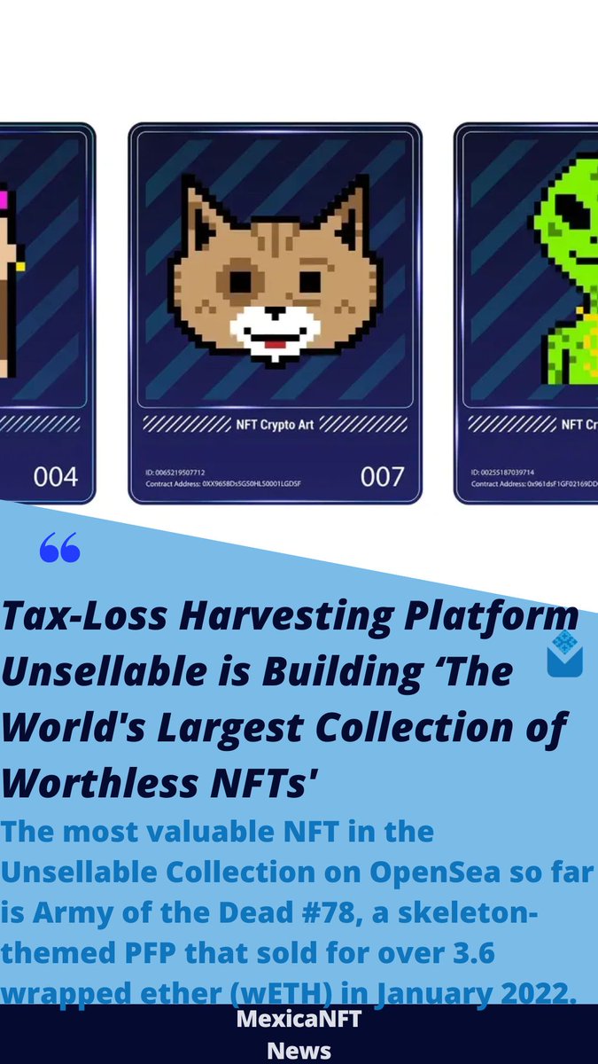 MexicaNFT_'s tweet photo. Tax-Loss Harvesting Platform Unsellable is Building ‘The World's Largest Collection of Worthless NFTs' ‼️
Read all about it at The MexicaNFTimens!: https://t.co/V6skrvSjCF
#Unsellable #UnsellableNFT #TaxLoss #nft #blockchain #crypto #cryptocurrency #nftcommunity #metaverse https://t.co/0nBIUByUZ4