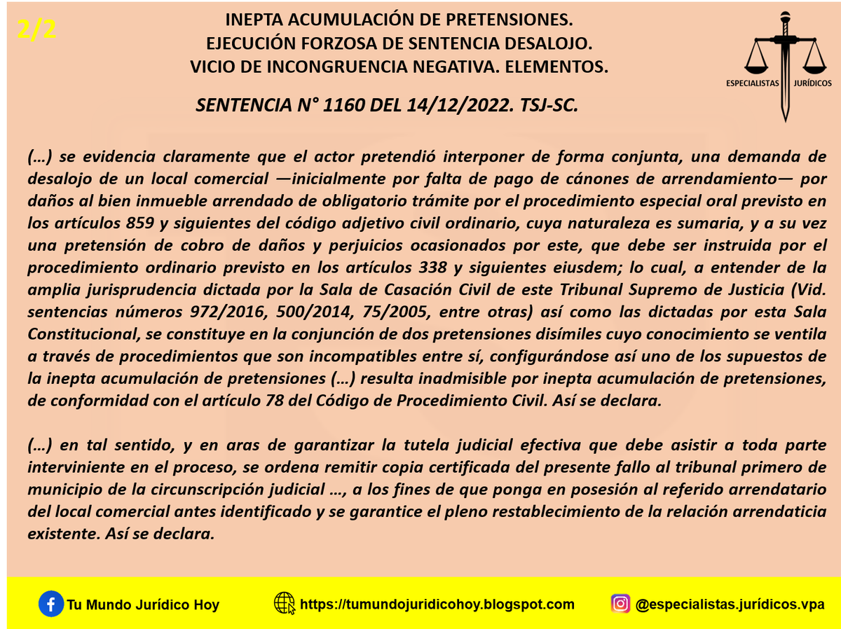 Furiamax's tweet photo. Sentencia N° 1160 del 14/12/2022. TSJ-SC. Inepta Acumulación de Pretensiones. Ejecución Forzosa de Sentencia Desalojo. Vicio de Incongruencia Negativa. Elementos. 
https://t.co/l8VTukvpr2 https://t.co/LbXOwMPZDw