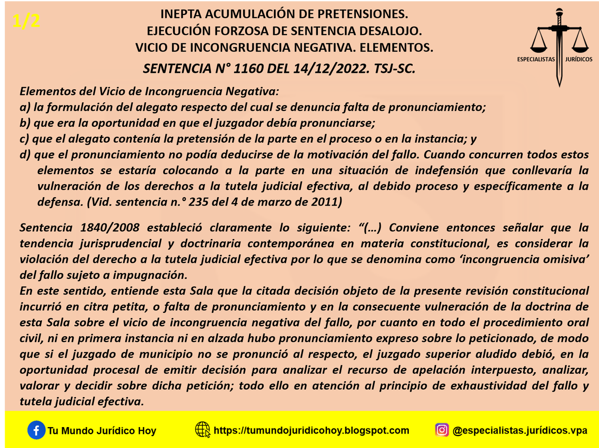 Furiamax's tweet photo. Sentencia N° 1160 del 14/12/2022. TSJ-SC. Inepta Acumulación de Pretensiones. Ejecución Forzosa de Sentencia Desalojo. Vicio de Incongruencia Negativa. Elementos. 
https://t.co/l8VTukvpr2 https://t.co/LbXOwMPZDw