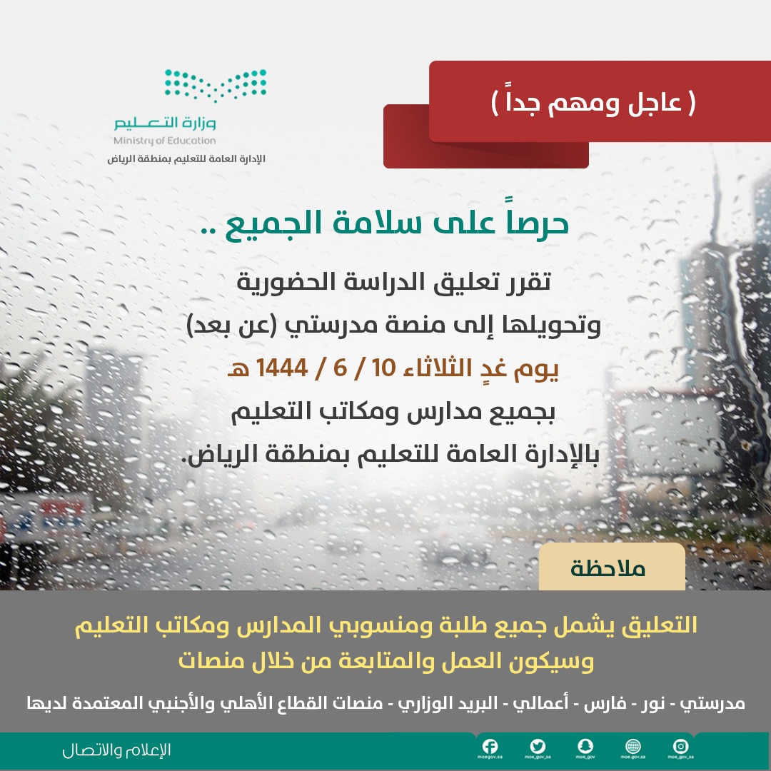 MOE_RYH's tweet photo. #عاجل 
حرصاً على سلامة الجميع ..
تقرر تعليق الدراسة الحضورية وتحويلها إلى منصة مدرستي (عن بعد) يوم غدٍ الثلاثاء 
١٠ / ٦ / ١٤٤٤ هـ بجميع مدارس ومكاتب التعليم بالإدارة العامة للتعليم بمنطقة الرياض.
تفاصيل أكثر 👇🏻 https://t.co/7weZq3kC76