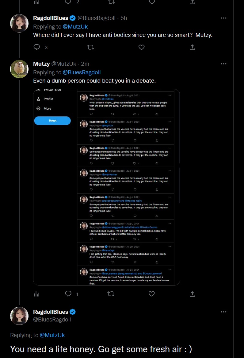 MutzUk's tweet photo. Somewhat standard practice from the terminally dense.

Tell a lie, change that lie, get caught in the lie, tell the person who caught you to get a life, #BlockAndRun.

Page 7 of the #Antivaxxer handbook, if I am not mistaken. https://t.co/IqSND2rQG3