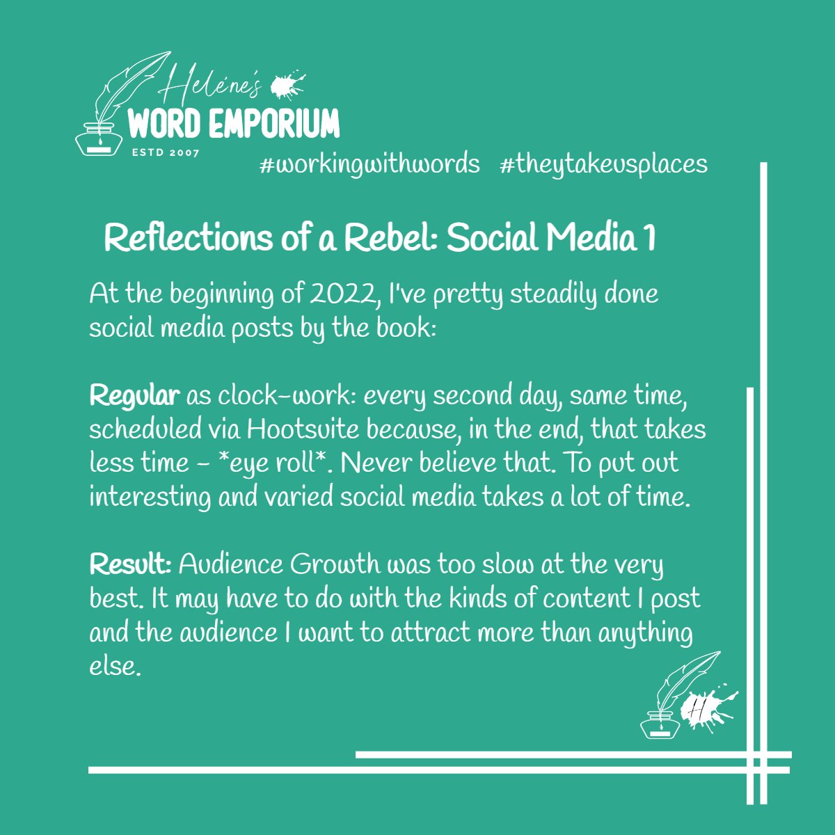 HeleneTranslate's tweet photo. Five nuggets of reflection on my own social media. Watch this space. Don't pay too much attention, though, because they may not work.
Remember: I don't want to know my audience. https://t.co/WlvUQ7WaG1
#Reflections2022 #socialmedia #regularity #irregularity #knowingyouraudience https://t.co/ZMLSZgLW2O