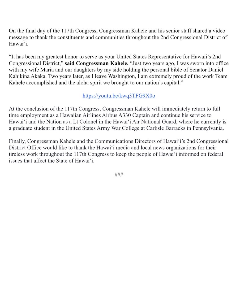 Final official press release for #HI02 thanking the Hawaiʻi media and local news organizations for their tireless work throughout the 117th Congress to keep the people of Hawaiʻi informed on federal issues that affect the State of Hawaiʻi. 🤙🏽